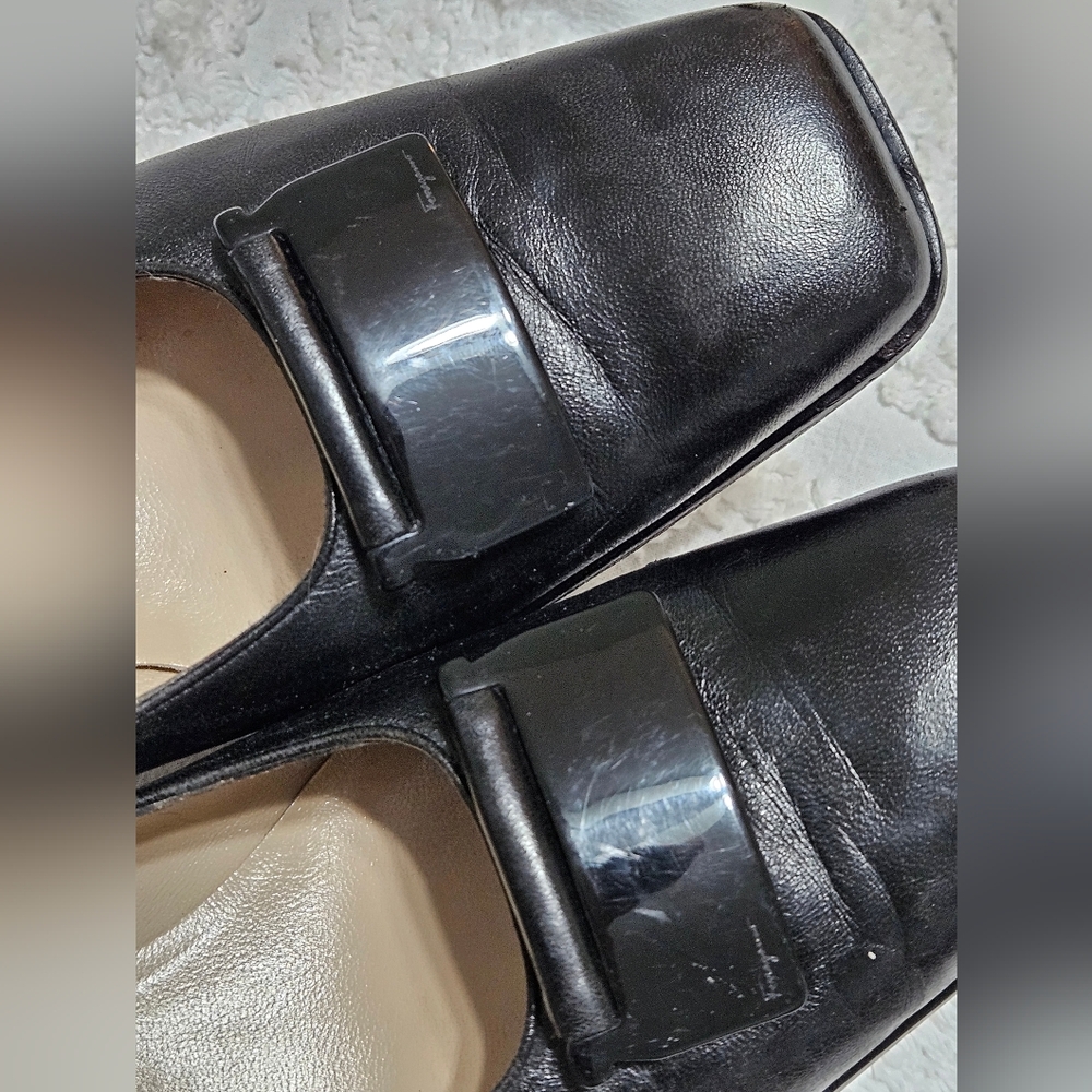Vintage Salvatore Ferragamo Black Leather Square Toe Heels Pumps Size 9A - Picture 6 of 11
